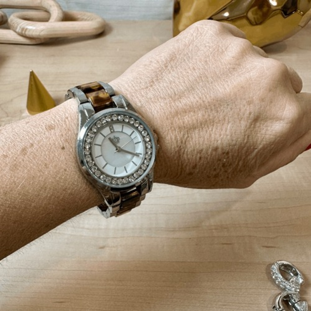 Premier Designs Silver Tone Tortoise Shell‎ Link Rhinestone Bezel Watch